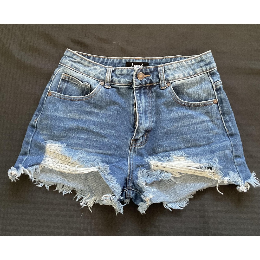 Legend Denim Shorts Womens‎ Large Blue Distressed Frayed Raw Hem Cutoff Stretch